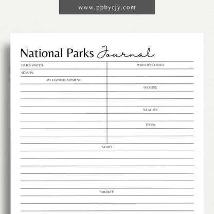 National Park Journal Printable Template – Digital download for tracking national park visits, hikes, wildlife, and more.