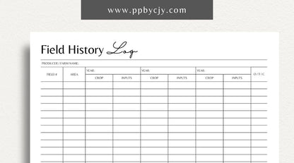 Field History Log Printable Template – Digital download for tracking crop management, field activities, and agricultural practices.