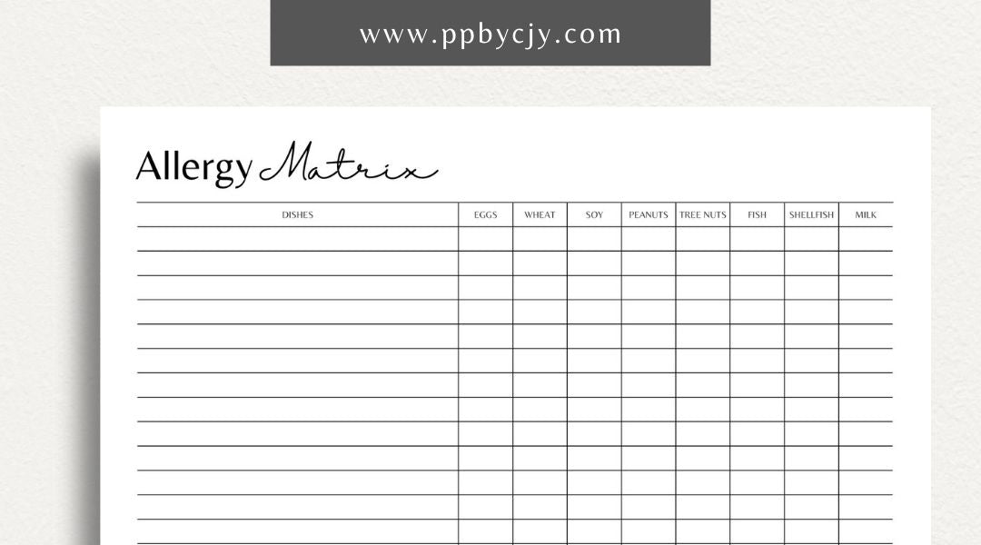 Restaurant Food Allergy Matrix Template – Digital download for allergen tracking and kitchen safety