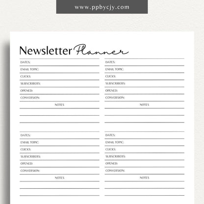 Newsletter Planner Printable Template – Digital download for organizing email campaigns, content scheduling, and newsletter planning