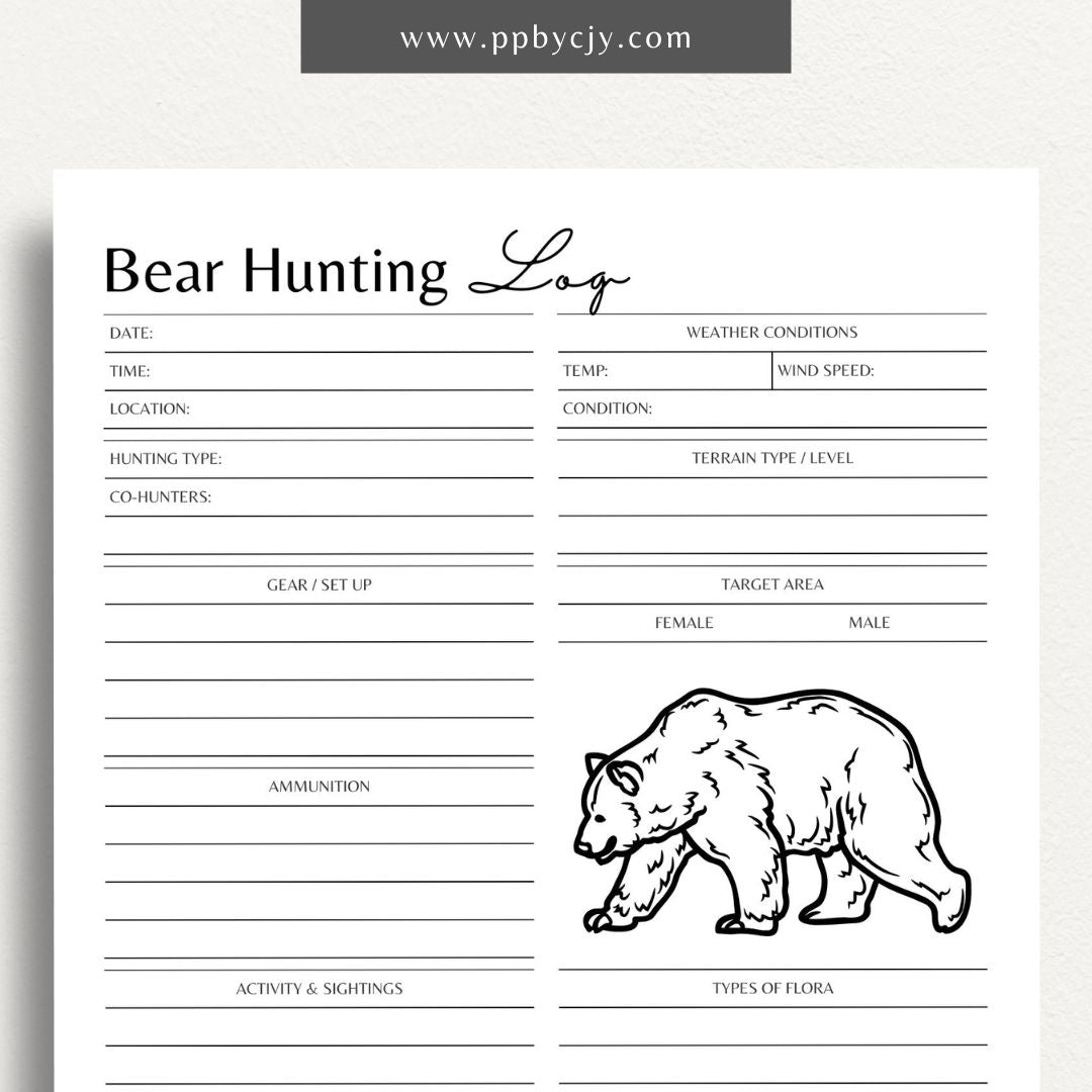 Bear Hunting Log Printable Template – Digital download for tracking bear hunting details, including sightings, weather, and bait used.