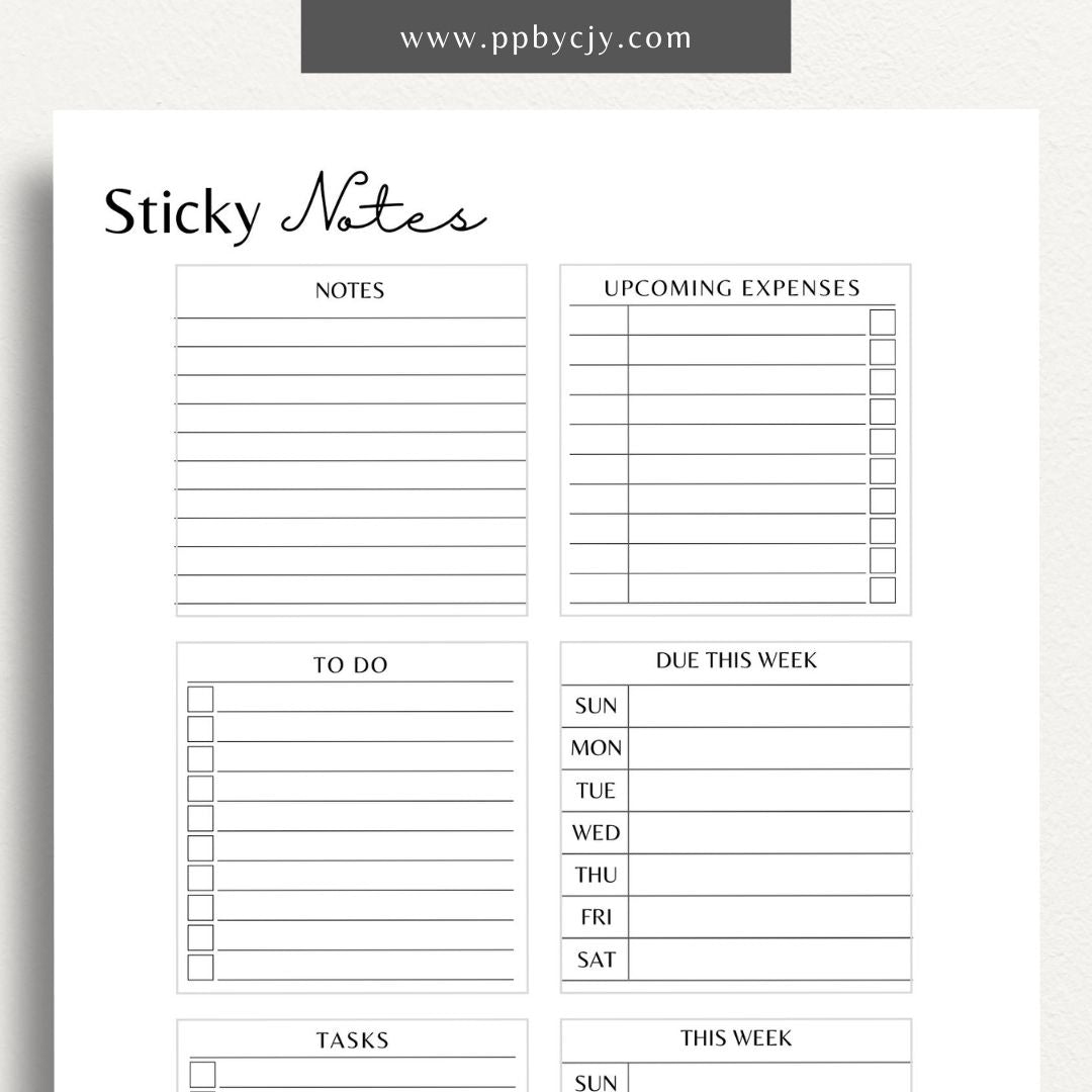 Sticky Notes Printable Template – Digital download for creating and organizing custom sticky notes for reminders, notes, and to-do lists