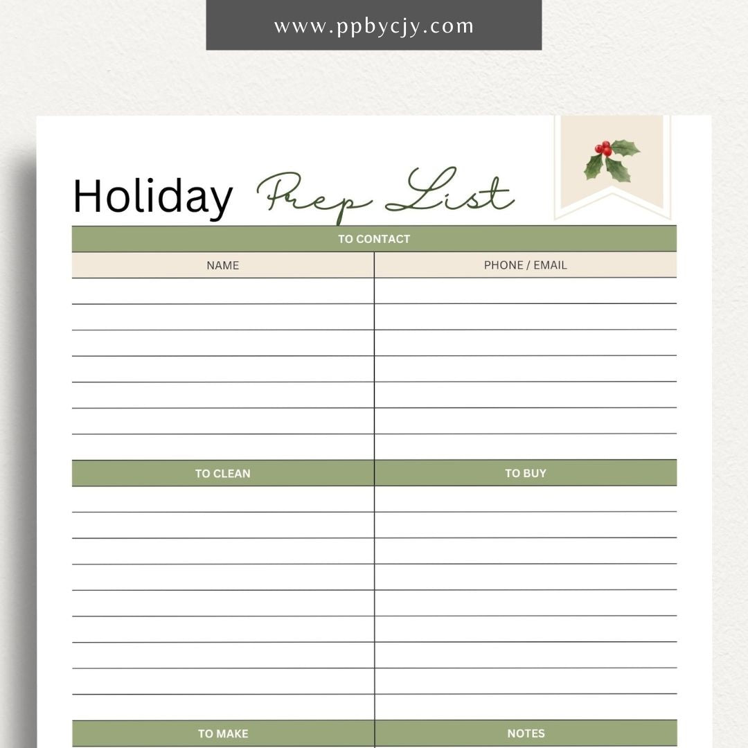 Christmas Holiday Prep List Printable Template – Digital download for organizing holiday tasks, including gift shopping, decorations, and meal planning.