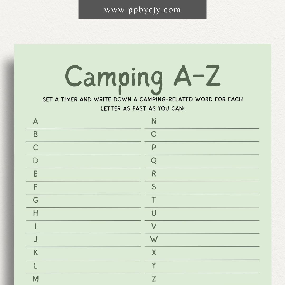 Campground A-Z Game Printable Template – Digital Download for Fun and Educational Camping-Themed Alphabet Game