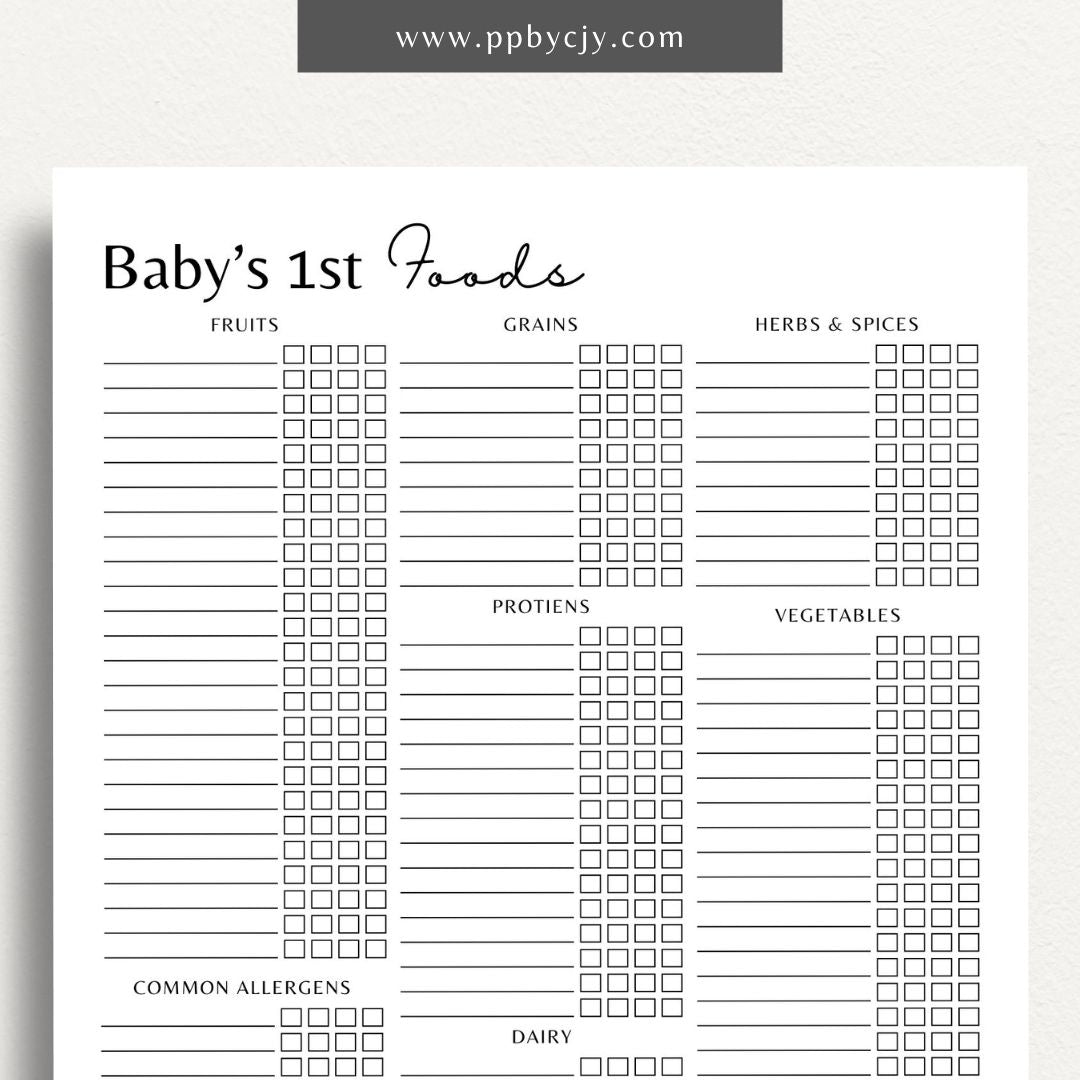 Baby’s First Foods Tracker Printable Template – Digital download for recording infant’s first foods and nutrition