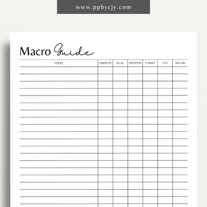 Macros Guide Printable Template – Digital download for tracking macronutrient intake, planning balanced meals, and reaching health goals.