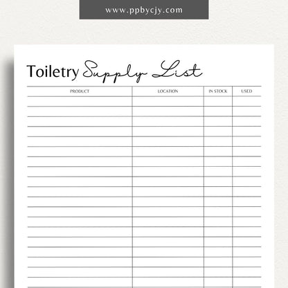 Toiletry Supply List Printable Template – Digital download for organizing and tracking bathroom essentials, personal care items, and travel packing