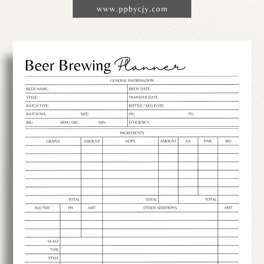 Beer Brewing Planner Printable Template – Digital download for organizing homebrewing recipes, schedules, and fermentation tracking