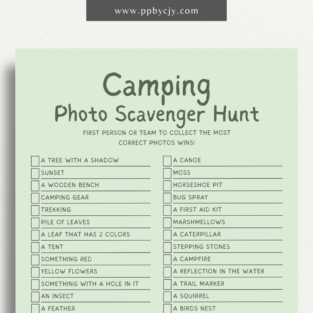 Camping Photo Scavenger Hunt Printable Template – Digital Download for Organizing and Enjoying a Camping-Themed Photo Scavenger Hunt