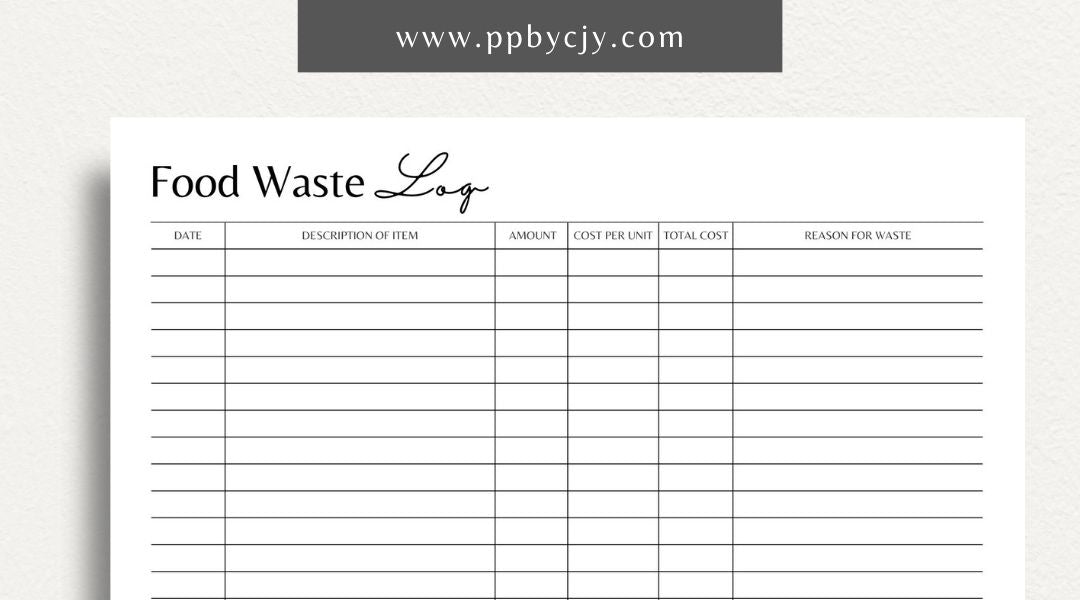 Restaurant Waste Log Printable Template – Digital download for tracking and managing waste in a restaurant, including types, quantities, and reasons for disposal