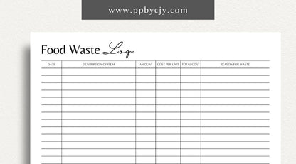 Restaurant Waste Log Printable Template – Digital download for tracking and managing waste in a restaurant, including types, quantities, and reasons for disposal