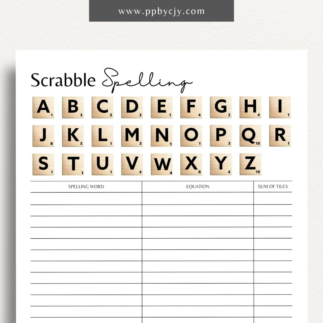 Scrabble Game Printable Template – Digital download for creating or tracking Scrabble game boards, tiles, and scores