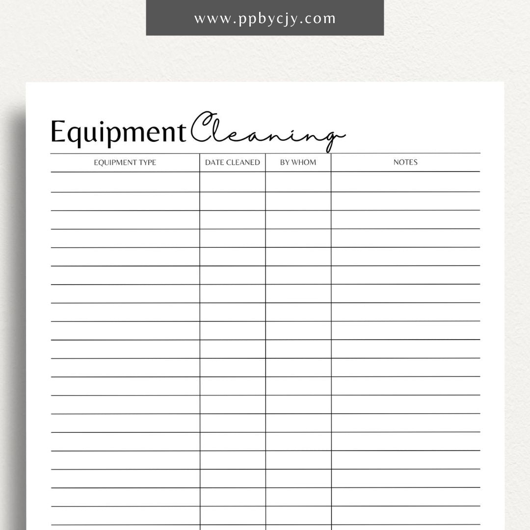 Equipment Cleaning Log Printable Template – Digital download for tracking cleaning schedules, methods, and maintenance for workplace equipment.