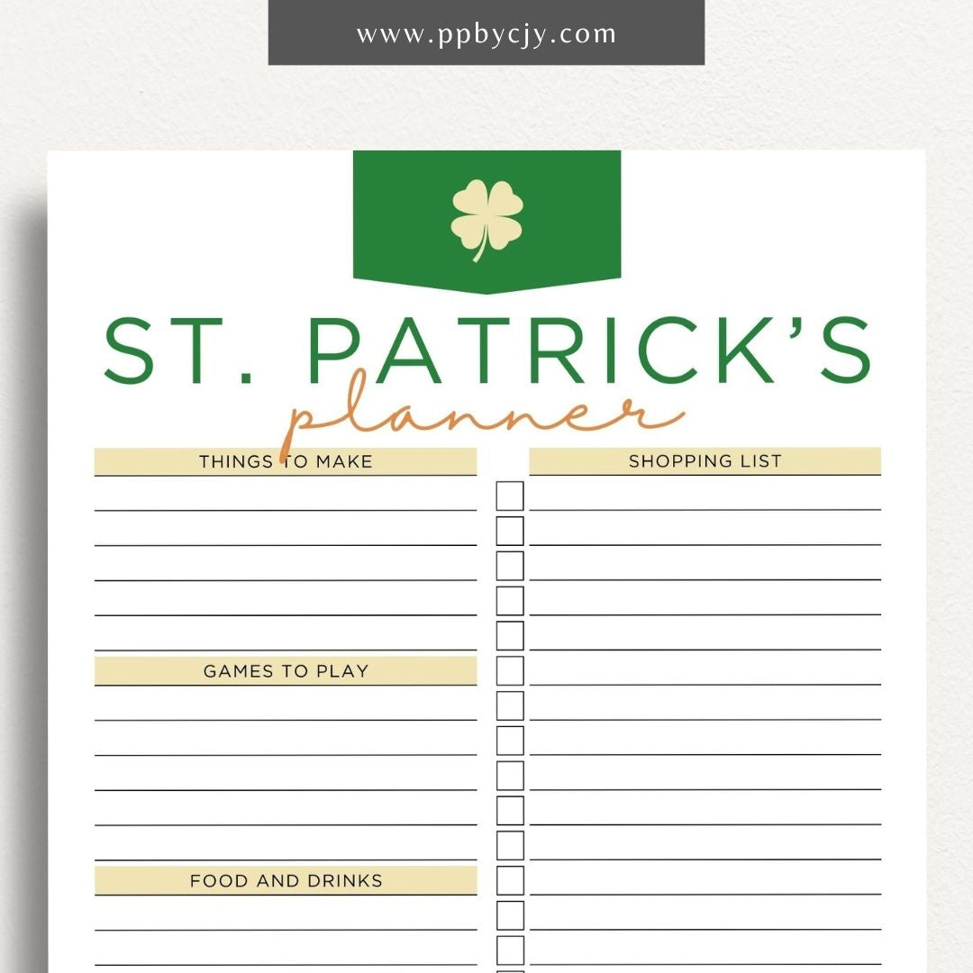 St. Patrick's Day Party Planner Printable Template – Digital download for organizing and managing all aspects of a St. Patrick's Day celebration, including guest lists, decorations, food, and activities