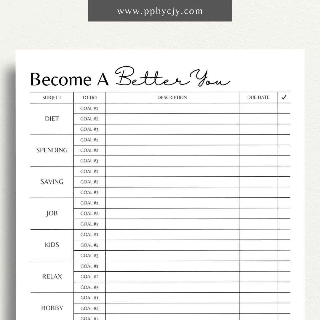 Become a Better You Worksheet Printable Template – Digital download for personal development and self-improvement tracking.