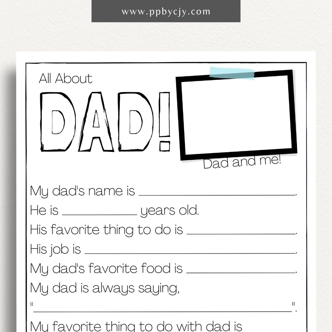 All About My Dad Interview Worksheet Printable Template – Digital Download for Capturing Fun and Personal Details with sections for favorite things, hobbies, and memorable moments.