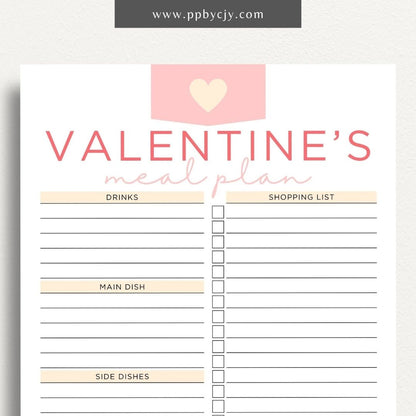 Valentine's Day Meal Planner Printable Template – Digital download for planning and organizing Valentine's Day meals, including recipes, ingredients, and meal schedules