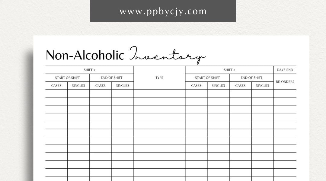 Non-Alcoholic Inventory Printable Template – Digital download for managing beverage stock, tracking non-alcoholic drinks, and organizing bar supplies.