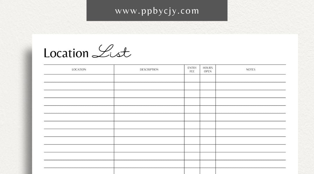 Photography Location List Printable Template – Digital download for organizing and tracking photography spots, photoshoot planning, and location details