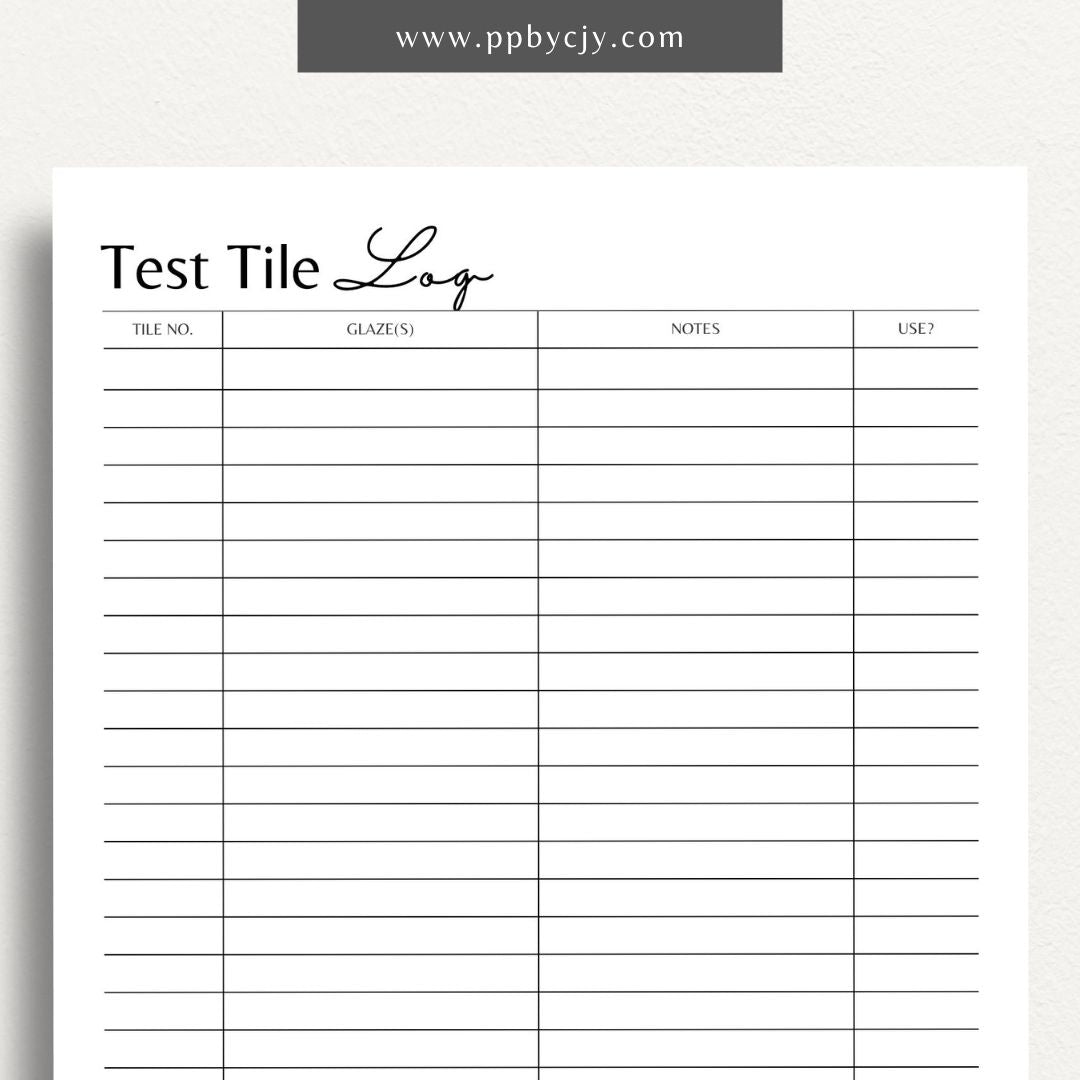 Pottery Test Tile Log Printable Template – Digital download for documenting and tracking ceramic glaze tests, including glaze types, temperatures, and observations