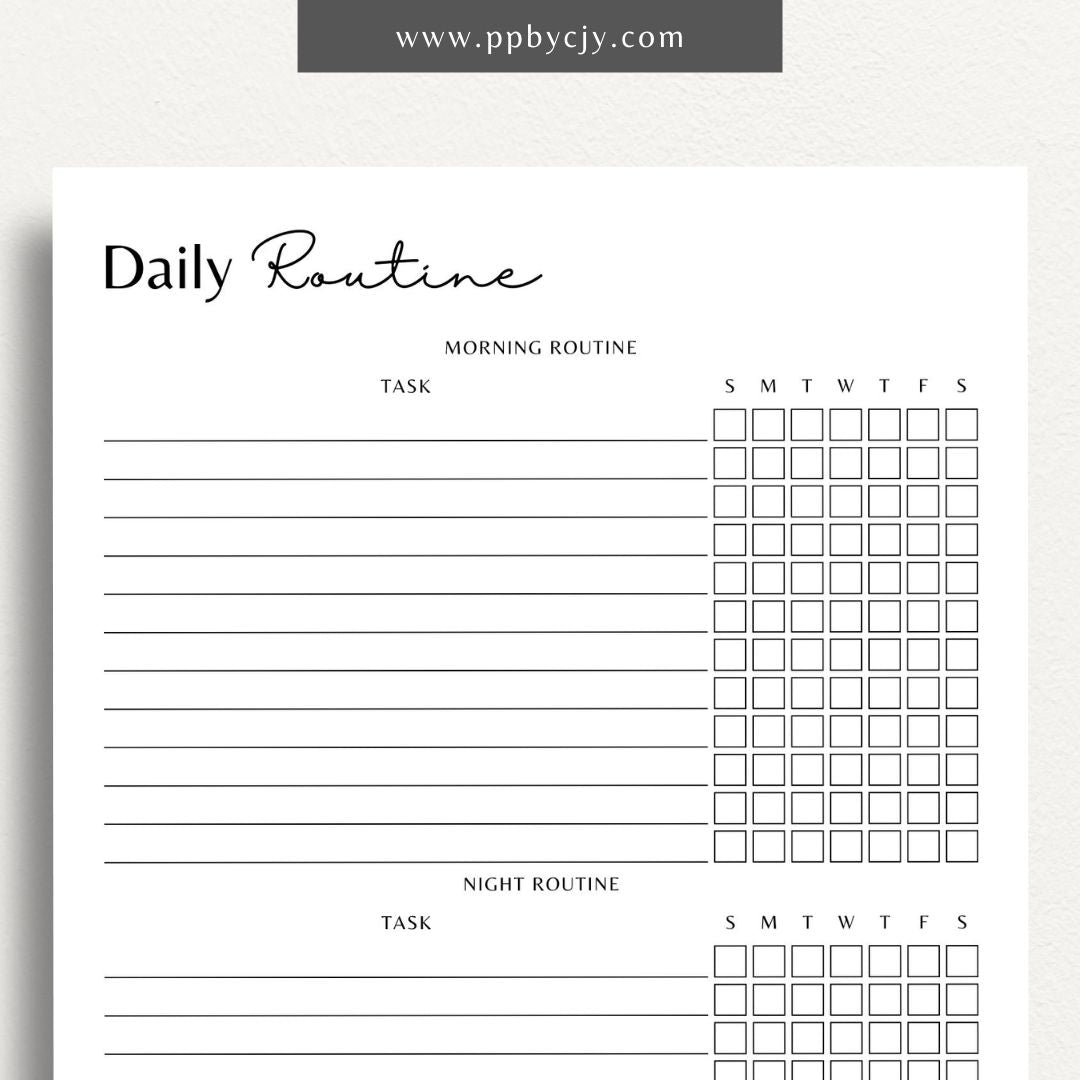 Daily Routine Printable Template – Digital download for planning and organizing daily schedules, tracking habits, and boosting productivity.