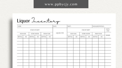 Bar Liquor Inventory Printable Template – Digital download for bar business inventory management, tracking liquor stock, and optimizing bar operations.