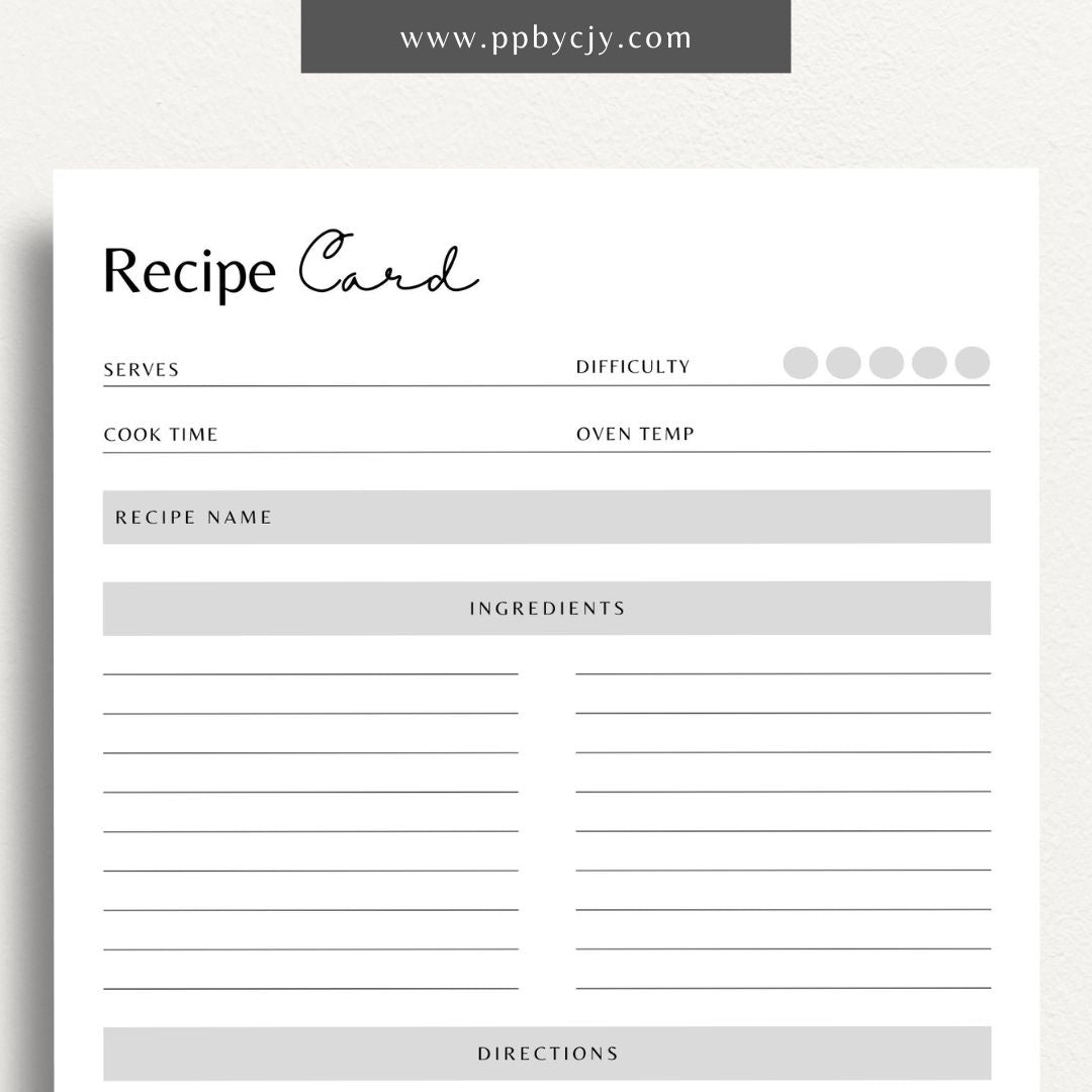 Recipe Card Printable Template – Digital download for organizing and documenting your favorite recipes and cooking instructions