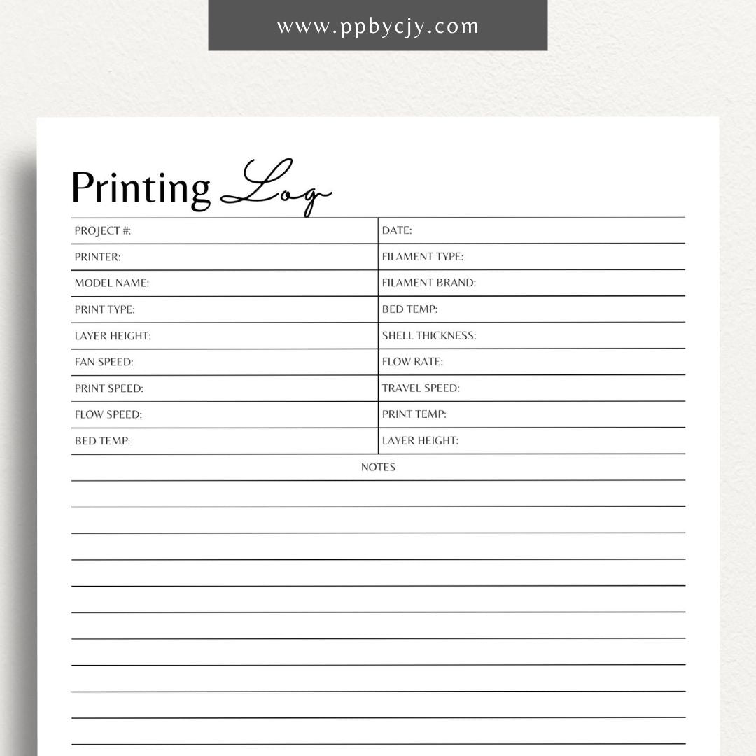 3D Printing Log Printable Template – Digital download for tracking and organizing 3D print jobs, settings, and project details