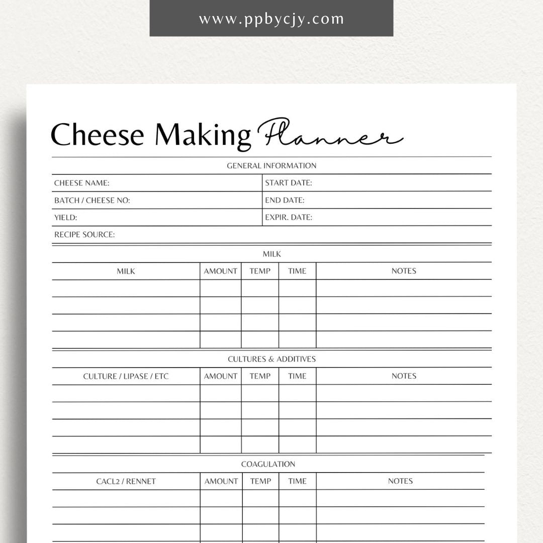 Cheese Making Planner Printable Template – Digital download for organizing homemade cheese recipes, aging schedules, and flavor notes