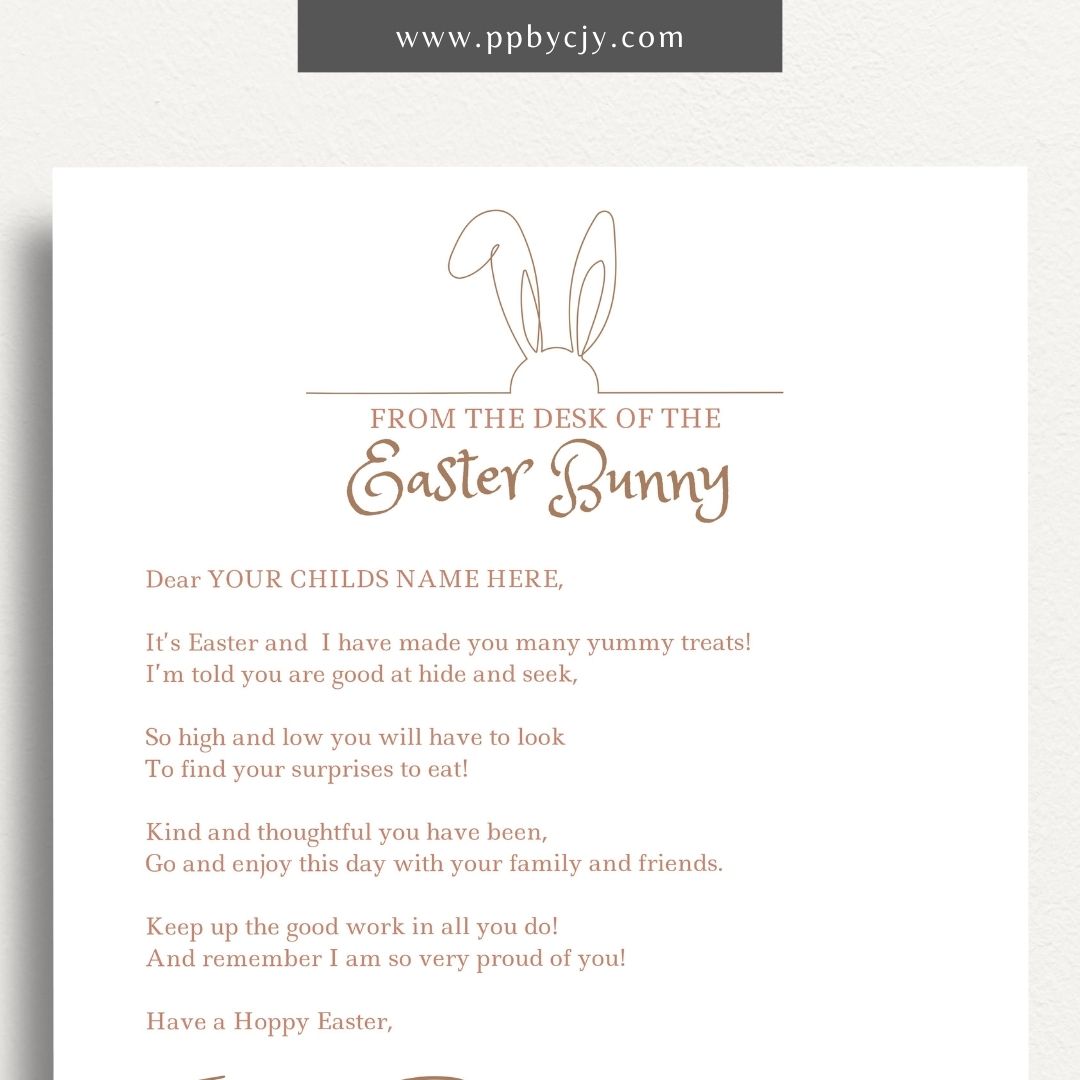 Personalized Easter Bunny Letter Printable Template – Digital Download for Custom Easter Greetings with space for adding a child’s name and special messages.