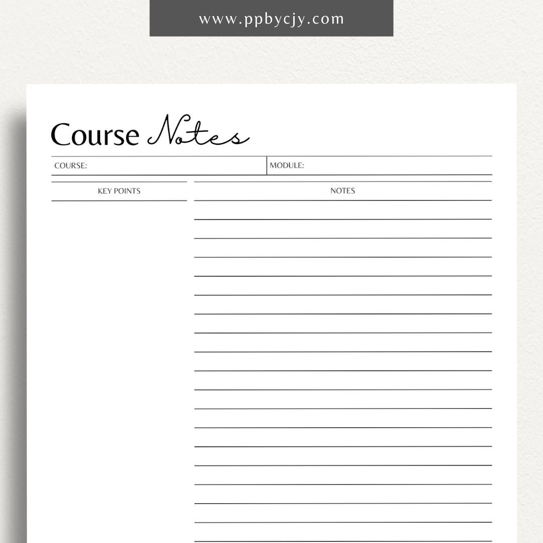 Course Notes Printable Template – Digital download for organizing and taking structured class notes.