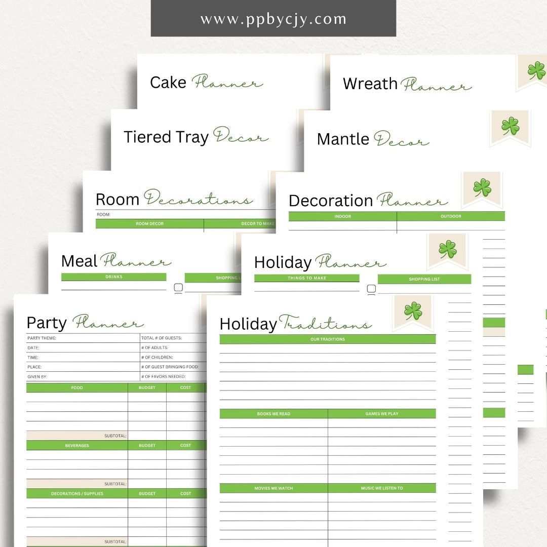 St. Patrick's Day Planner Printable Template – Digital download for organizing and planning St. Patrick's Day activities, including events, decorations, recipes, and schedules