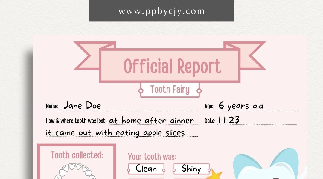 Personalized Tooth Fairy Certificate Printable Template – Digital download for creating customized certificates to celebrate a child's lost tooth, including space for the child’s name and the Tooth Fairy’s message