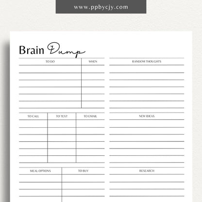 Brain Dump Worksheet Printable – Digital download for organizing thoughts, ideas, and tasks to achieve mental clarity.