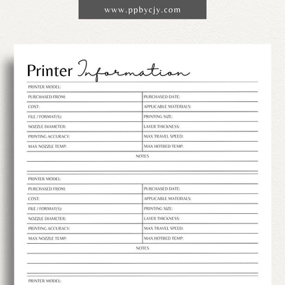 3D Printer Information Printable Template – Digital download for organizing and tracking 3D printer setup, maintenance, and printing parameters