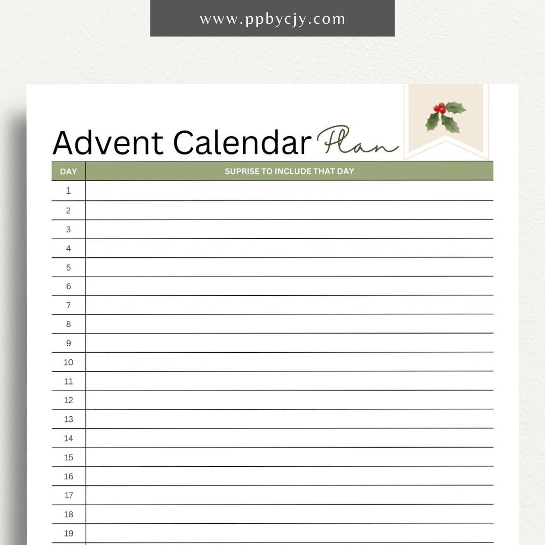 Advent Calendar Planner Printable Template – Digital download for planning 25 days of holiday activities, treats, and family fun.