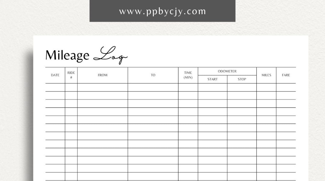 Rideshare Mileage Log Printable Template – Digital download for tracking miles, trips, and tax deductions for rideshare drivers.