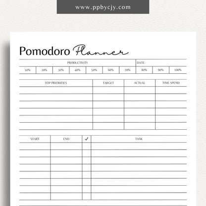 Pomodoro Planner Printable Template – Digital download for time management, productivity tracking, and focus improvement using the Pomodoro Technique.