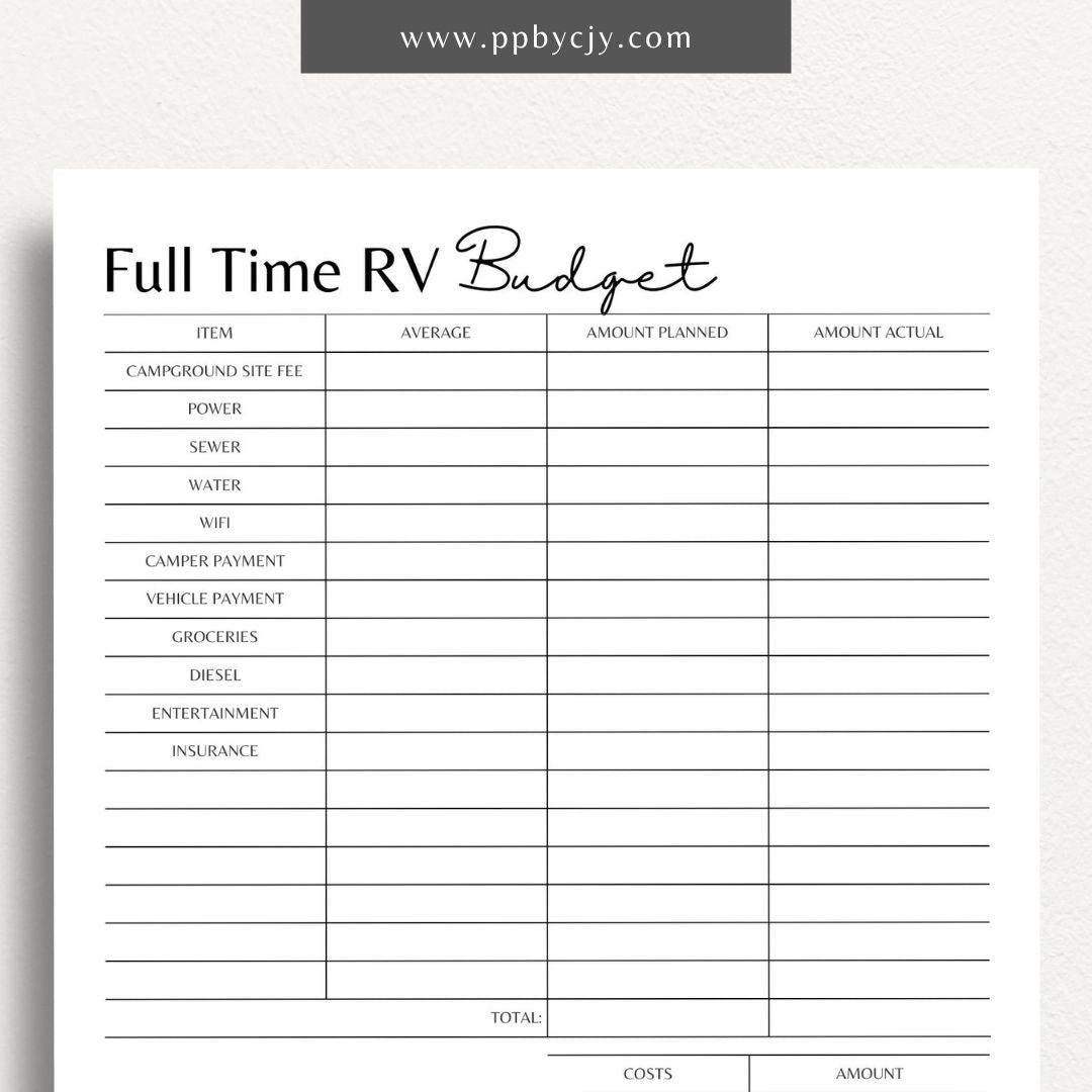 Full-Time RV Budget Printable Template – Digital download for planning and tracking expenses while living in an RV.