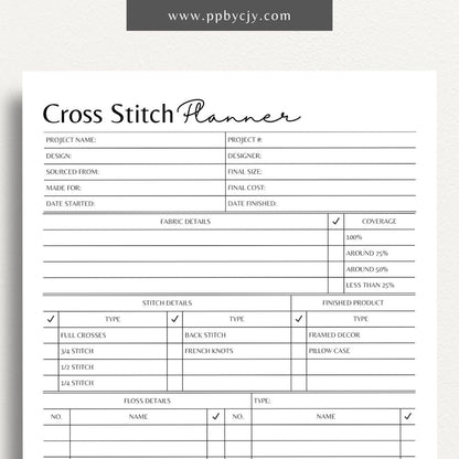 Cross Stitch Planner Printable Template – Digital download for organizing and tracking cross-stitch projects with detailed planning and progress tracking tools