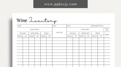 Wine Inventory Printable Template – Digital download for managing wine collection, organizing wine cellar, and recording tasting notes.