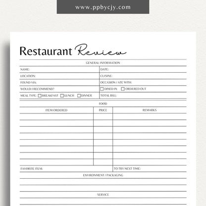 Restaurant Review Printable Template – Digital download for capturing and organizing dining experiences and feedback