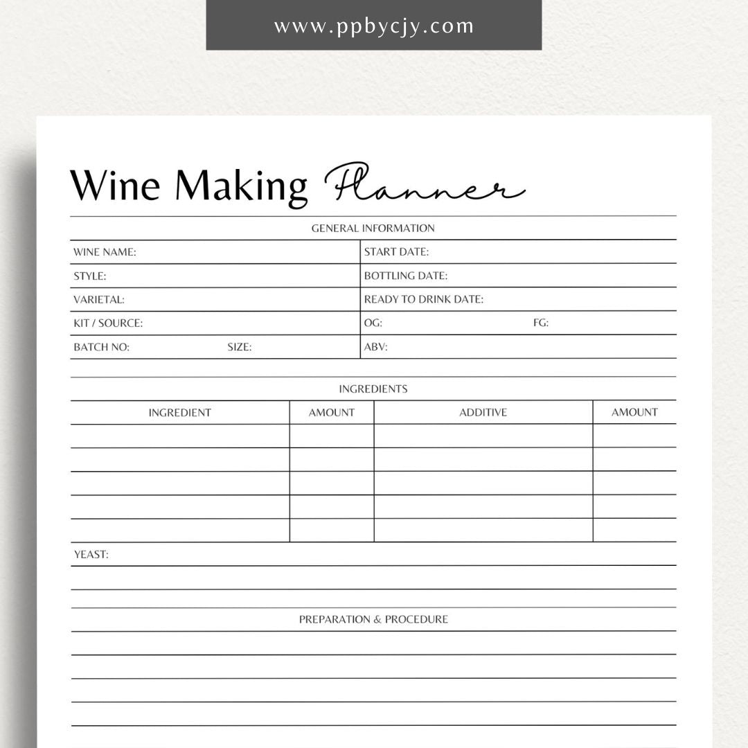 Wine Making Planner Printable Template – Digital download for organizing wine recipes, fermentation schedules, and aging notes