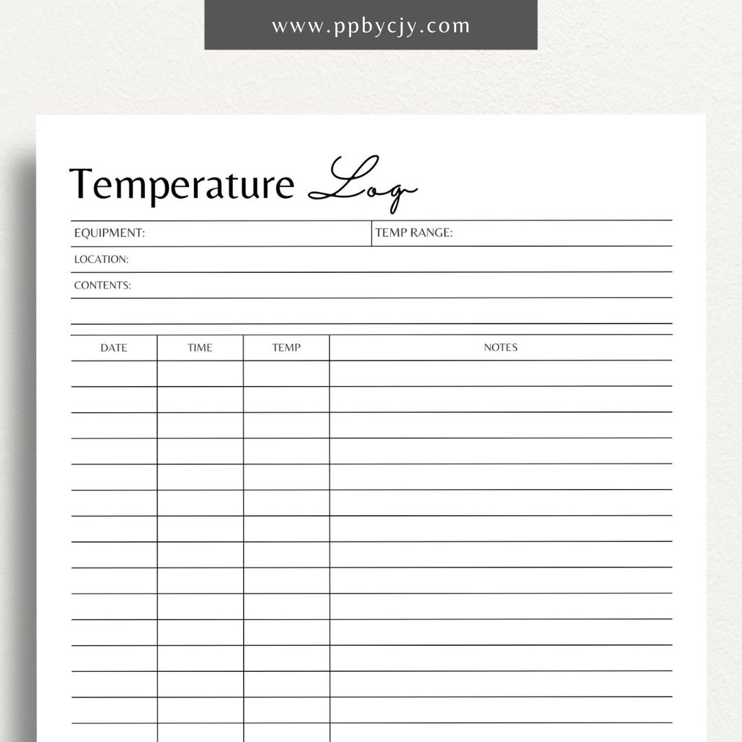 Food Temperature Log Printable Template – Digital download for tracking cooking and storage temperatures to maintain kitchen safety and compliance.