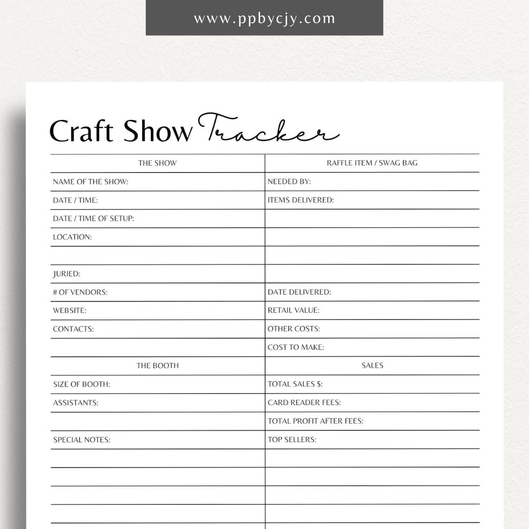 Craft Fair Tracker Printable Template – Digital Download for Organizing and Monitoring Craft Fair Details, Sales, and Inventory