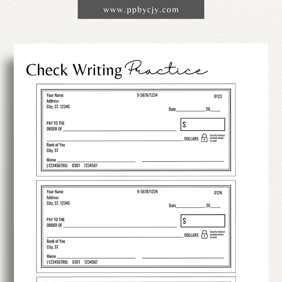 Pretend Check Learning Aid Printable Template – Digital download for teaching and practicing check writing and financial management skills