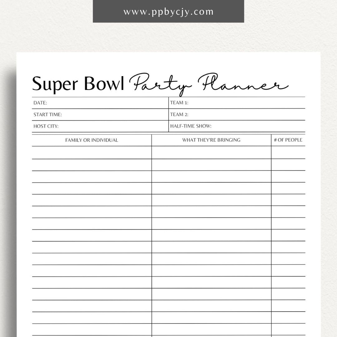 Super Bowl Party Planner Printable Template – Digital download for organizing game day events, menu, and activities.