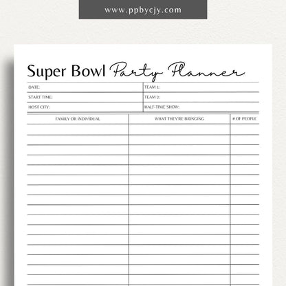 Super Bowl Party Planner Printable Template – Digital download for organizing game day events, menu, and activities.