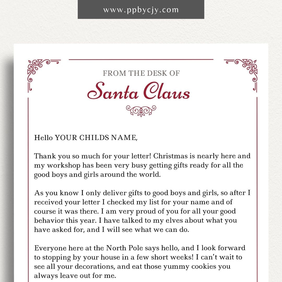 Personalized Letter from Santa Printable Template – Digital download featuring customizable and festive letters from Santa Claus for a magical holiday experience.