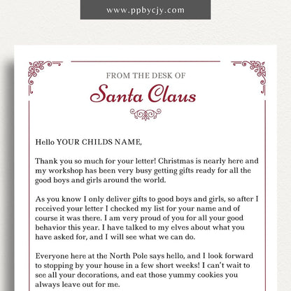 Personalized Letter from Santa Printable Template – Digital download featuring customizable and festive letters from Santa Claus for a magical holiday experience.